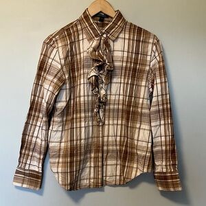 Lauren Ralph Lauren Ruffled Front Plaid Women's Shirt - Brown/White equestrian